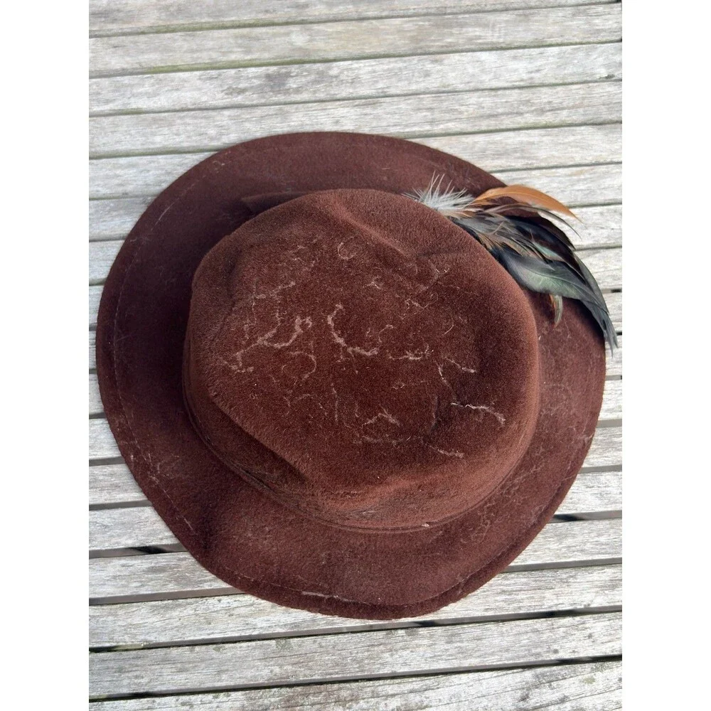 70s Vintage Brown Wool Felt Fedora with Feather *Damaged, Project Hat, Costume*